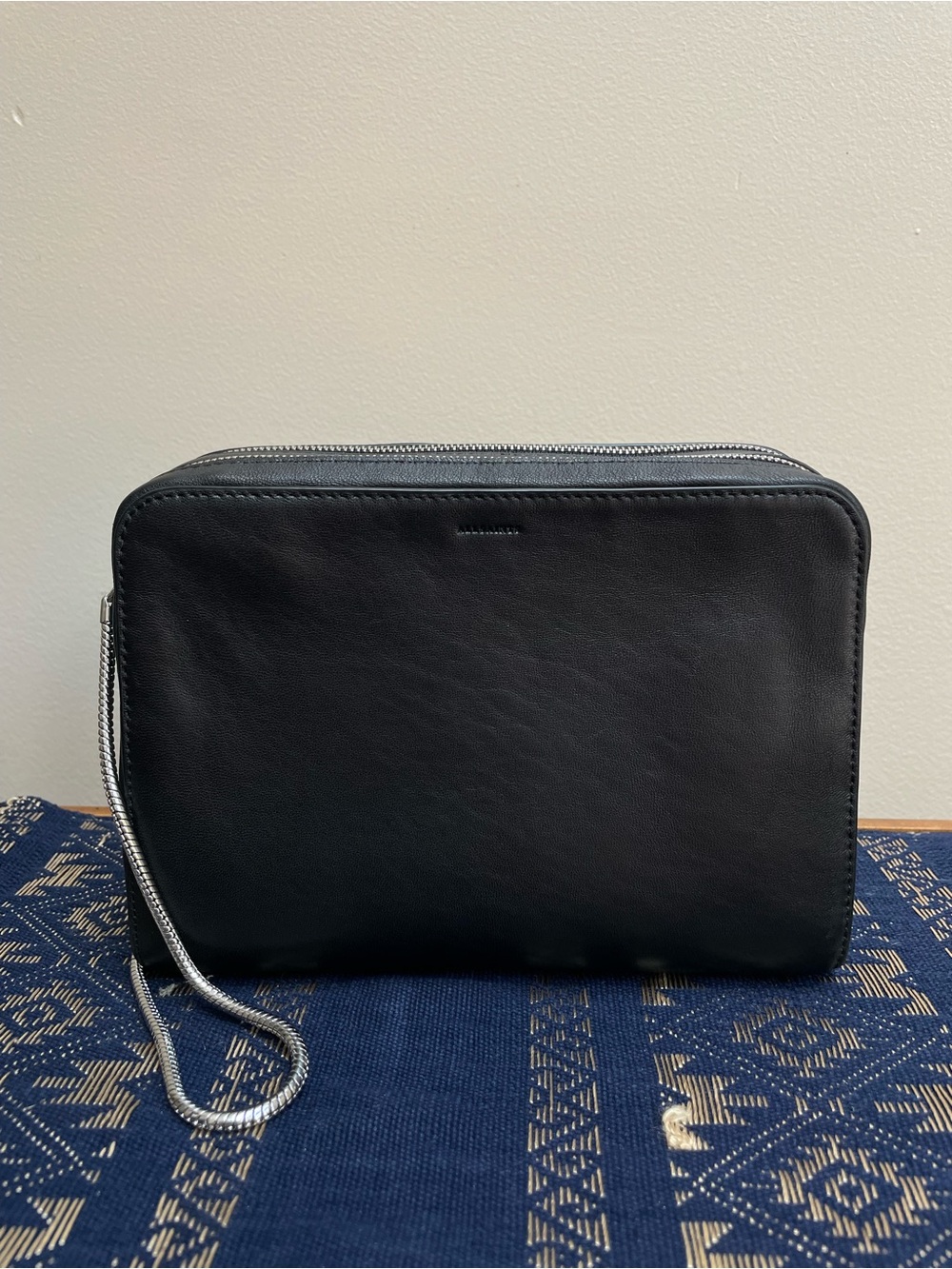 All Saints 100% Lamb Leather Black Asymmetrical Zip Top Clutch Travel Bag Makeup